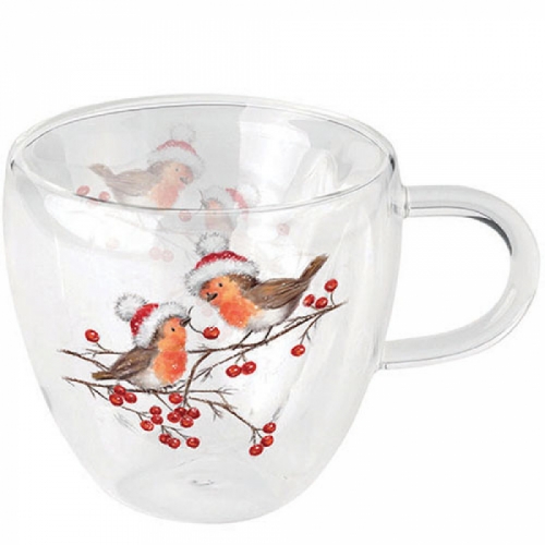 Tasse en verre double paroi christmas robins - ambiente