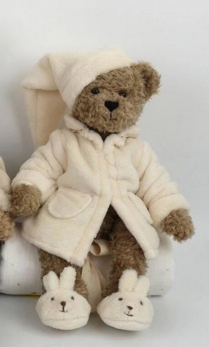 Ours en peluche en peignoir et pantoufles beige - La Galleria